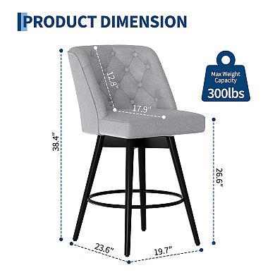 Set of 2 26" Counter Height Swivel Bar Stools, Linen Upholstered Kitchen Island Chairs