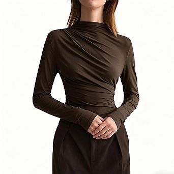 Women's Casual Form-Fitting Blouse Mock Neck Draped Ruched Long Sleeve Top