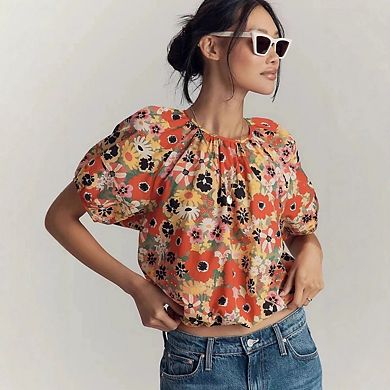 Women's Casual Floral Print Smocked Short Sleeve Bohemian Top Shirts