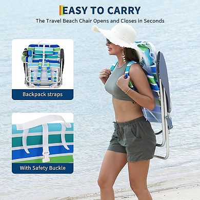 Beach Lounge Chairs, High Backpack Portable Folding Lay Flat Beach Chair with 5 Position Recline