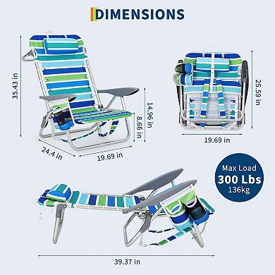 Beach Lounge Chairs, High Backpack Portable Folding Lay Flat Beach Chair with 5 Position Recline