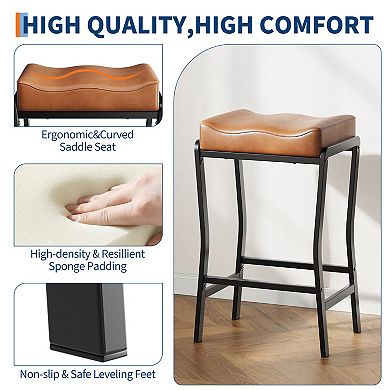 Modern 26 Inch Counter Height Bar Stool, Faux Leather Saddle Seat with Thick Padding