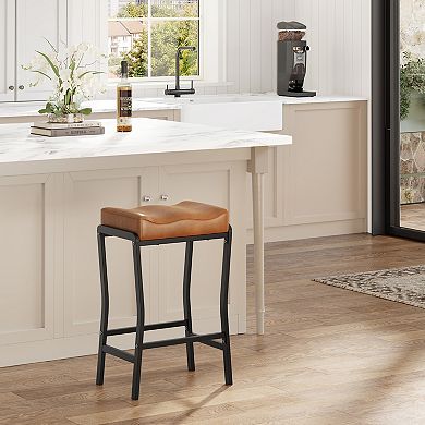 Modern 26 Inch Counter Height Bar Stool, Faux Leather Saddle Seat with Thick Padding