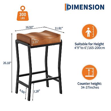 Modern 26 Inch Counter Height Bar Stool, Faux Leather Saddle Seat with Thick Padding