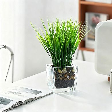 3 Pack Artificial Grass Plants in Square Clear Glass Pots with Faux Soil & Pebbles