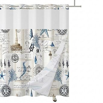 Nautical Shower Curtain with Snap-In Liner, Double-Layer Mesh, Weighted Fabric