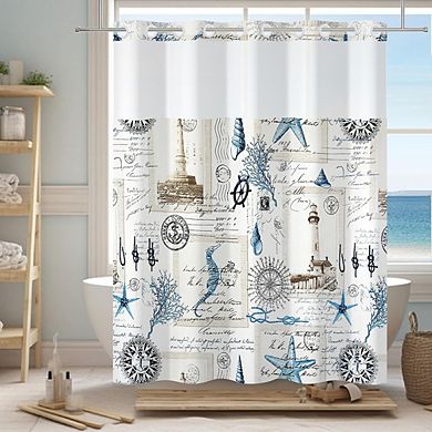Nautical Shower Curtain with Snap-In Liner, Double-Layer Mesh, Weighted Fabric