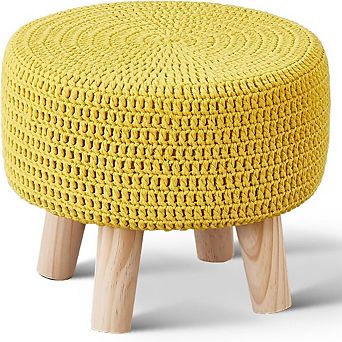 Hand-Knitted Cotton Pouf Ottoman, Round Footstool, Non-Skid Wood Legs