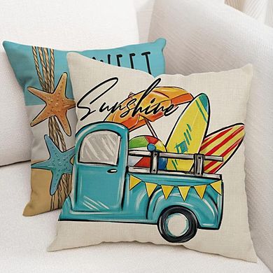 Hello Summer Beach Throw Pillow Covers Set of 4, Coastal Starfish Shell Farmhouse Decor