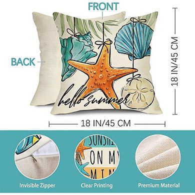 Hello Summer Beach Throw Pillow Covers Set of 4, Coastal Starfish Shell Farmhouse Decor