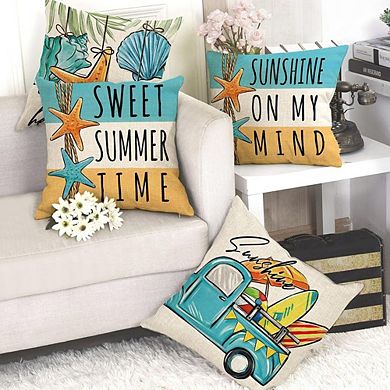 Hello Summer Beach Throw Pillow Covers Set of 4, Coastal Starfish Shell Farmhouse Decor