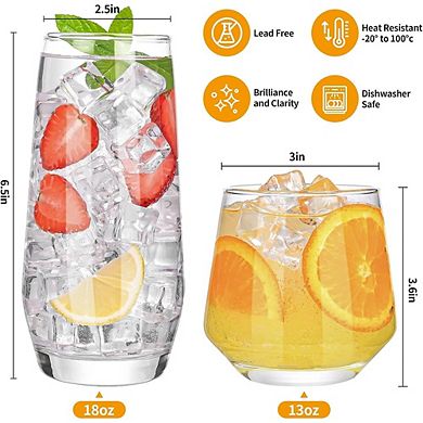 8pc Crystal Drinking Glass Set, Highball & Stemless Glasses for Cocktails