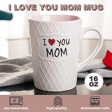 “I Love You Mom” 16oz Ceramic Mug Gift, Microwave Safe Coffee & Tea Cup