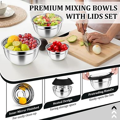 5 Piece Stainless Steel Mixing Bowls with Lids Airtight & Dishwasher Safe