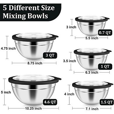 5 Piece Stainless Steel Mixing Bowls with Lids Airtight & Dishwasher Safe