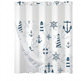 Nautical Shower Curtain Set with Snap-In Liner, Waterproof Polyester, Lighthouse Anchor Design