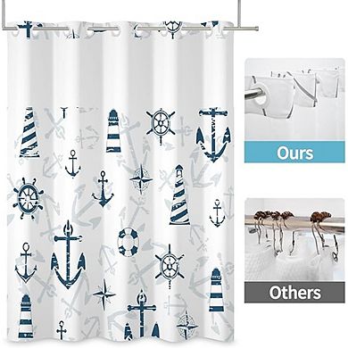 Nautical Shower Curtain Set with Snap-In Liner, Waterproof Polyester, Lighthouse Anchor Design