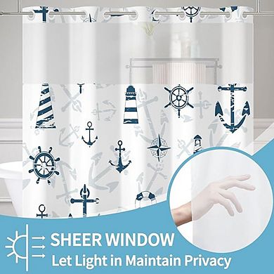 Nautical Shower Curtain Set with Snap-In Liner, Waterproof Polyester, Lighthouse Anchor Design