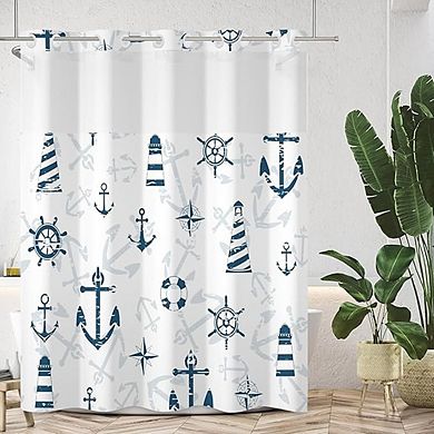 Nautical Shower Curtain Set with Snap-In Liner, Waterproof Polyester, Lighthouse Anchor Design