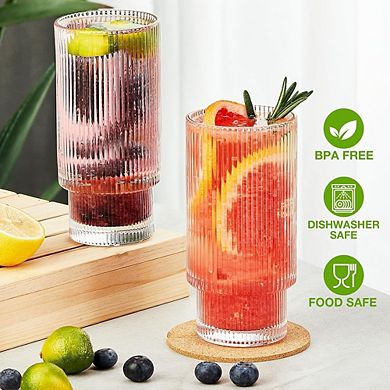 6pc Ribbed Highball Glass Set, Drinking Glasses for Water & Cocktails