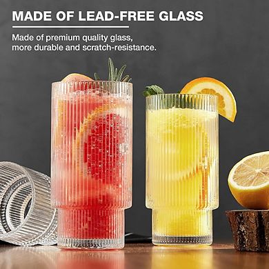 6pc Ribbed Highball Glass Set, Drinking Glasses for Water & Cocktails