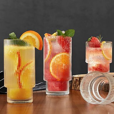 6pc Ribbed Highball Glass Set, Drinking Glasses for Water & Cocktails