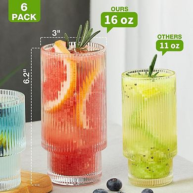 6pc Ribbed Highball Glass Set, Drinking Glasses for Water & Cocktails