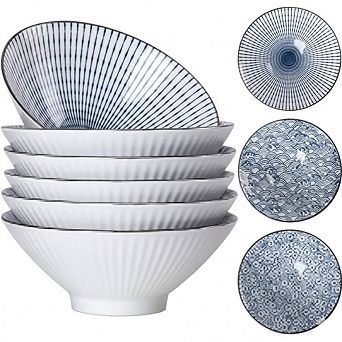 6 pc Japanese Ramen & Soup Bowls Set, 38oz, Ceramic, Blue & White, 8-Inch