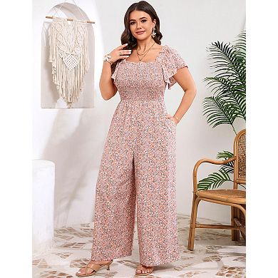 Women's Plus Size Square Neck Short Sleeve Wide Leg Pants Jumpsuit