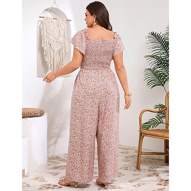 Women's Plus Size Square Neck Short Sleeve Wide Leg Pants Jumpsuit