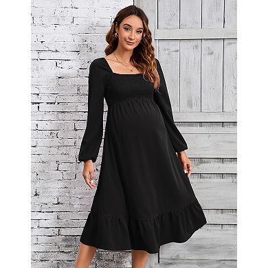 Women's Maternity Square Neck Long Sleeve Midi Dress for Daily Wear