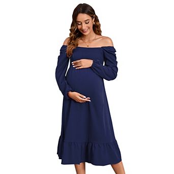 Women's Maternity Square Neck Long Sleeve Midi Dress for Daily Wear