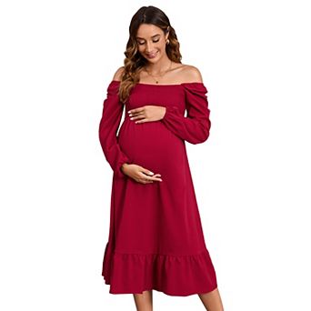 Women's Maternity Square Neck Long Sleeve Midi Dress for Daily Wear