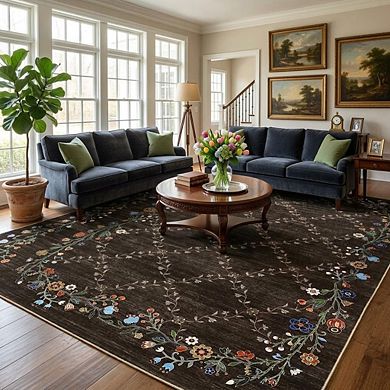 GlowSol Modern Floral Printed Area Rug Washable Stain Resistant Non Slip Rug for Kitchen Dining Room
