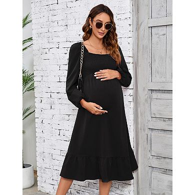 Women's Long Sleeve Maternity Square Neck Midi Dress
