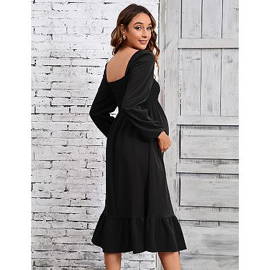 Women's Long Sleeve Maternity Square Neck Midi Dress