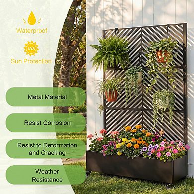 Metal Raised Garden Bed with Wheels & Trellis, 73x47x16in Planter with Drainage & Privacy Screen