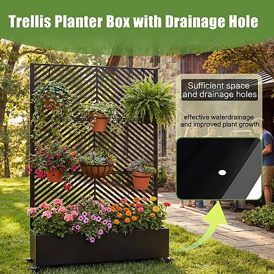 Metal Raised Garden Bed with Wheels & Trellis, 73x47x16in Planter with Drainage & Privacy Screen