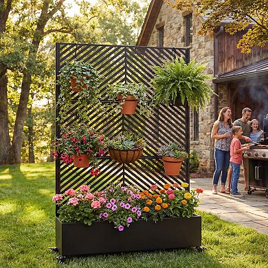 Metal Raised Garden Bed with Wheels & Trellis, 73x47x16in Planter with Drainage & Privacy Screen