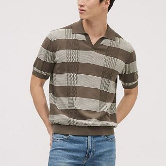 Mens V Neck Striped Collared Sweater Summer Vacation Color Block Ribbed Knit Polo Shirts