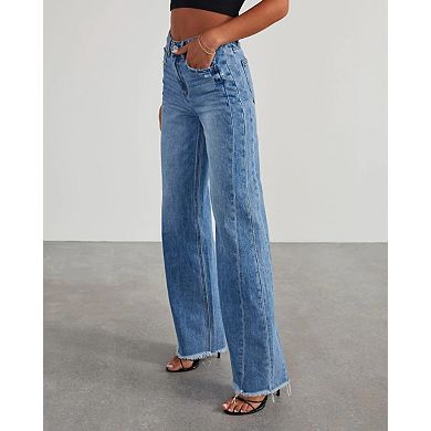 Women's Casual High Waist Pants Loose Wide Leg Denim Jeans