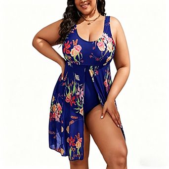 Women's Plus Size Swimwear U Neck Printed Side Split Swim Dress Summer One Piece Tankini Swimsuits