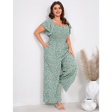 Women's Plus Size Wide Leg Pants Square Neck Short Sleeve Jumpsuit