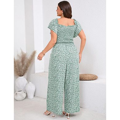 Women's Plus Size Wide Leg Pants Square Neck Short Sleeve Jumpsuit