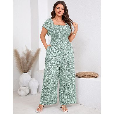 Women's Plus Size Wide Leg Pants Square Neck Short Sleeve Jumpsuit