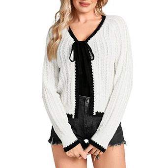 Womens Tie Front Cable Knit Crop Cardigan Sweaters Cute Color Contrast Long Sleeve Bolero Shrugs