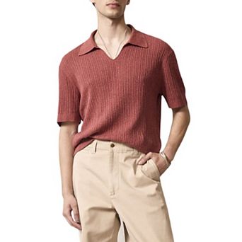 Mens V Neck Collared Sweater Summer Lightweight Beach Vacation Ribbed Knit Polo Shirts