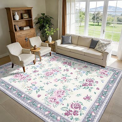 Modern Floral Bordered Area Rug Machine Washable Non Slip Low Pile Floor Mat for Bedroom Kitchen