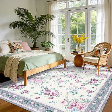 Modern Floral Bordered Area Rug Machine Washable Non Slip Low Pile Floor Mat for Bedroom Kitchen