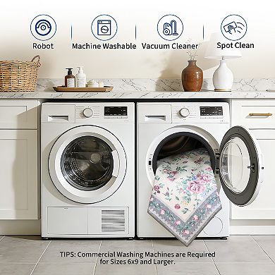 Modern Floral Bordered Area Rug Machine Washable Non Slip Low Pile Floor Mat for Bedroom Kitchen